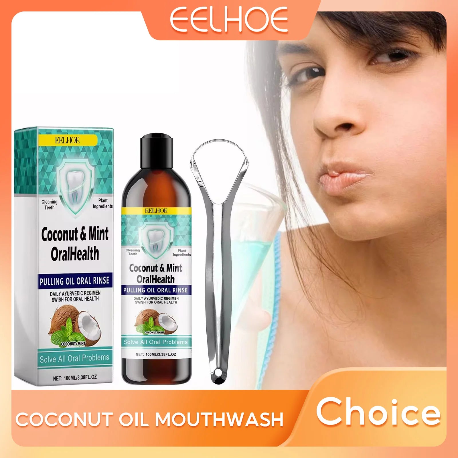 EELHOE Mint Coconut Oil Pulling Mouthwash Teeth & Tongue Scraper