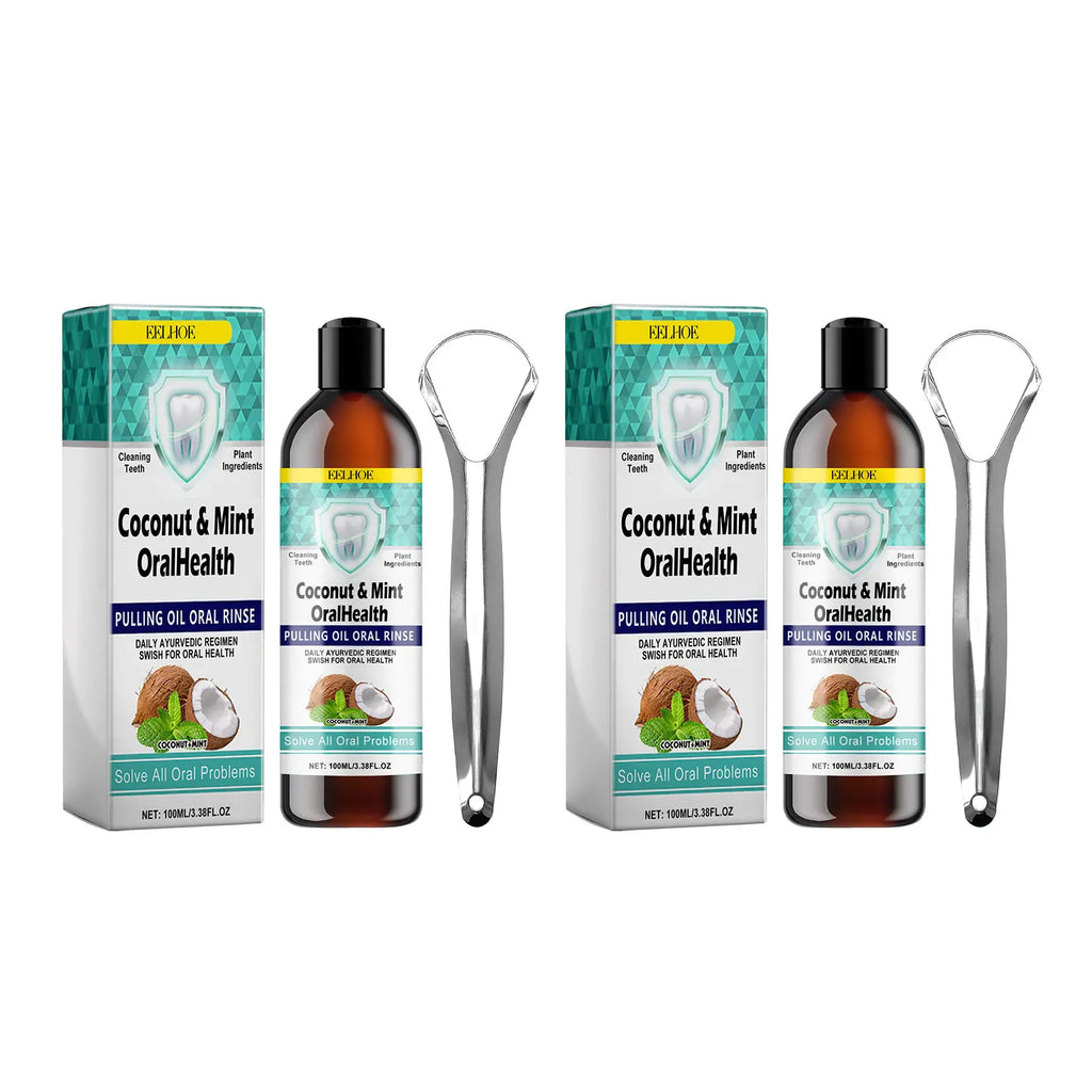 EELHOE Mint Coconut Oil Pulling Mouthwash Teeth & Tongue Scraper