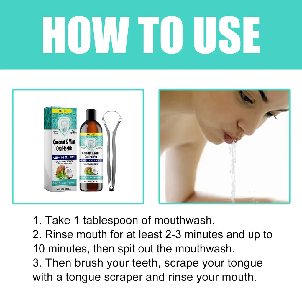 EELHOE Mint Coconut Oil Pulling Mouthwash Teeth & Tongue Scraper