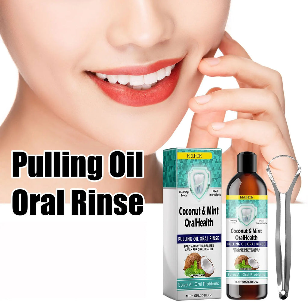 EELHOE Mint Coconut Oil Pulling Mouthwash Teeth & Tongue Scraper