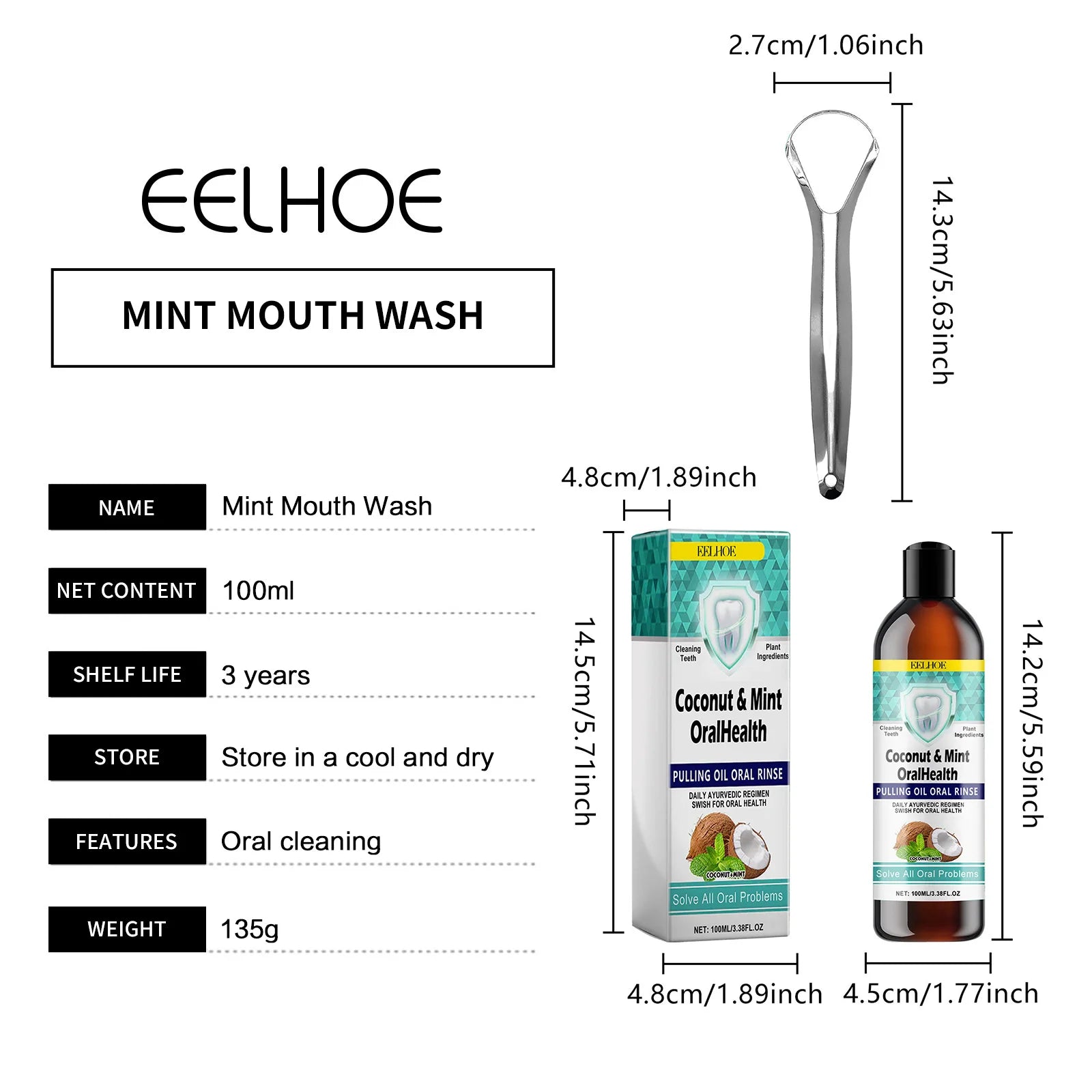 EELHOE Mint Coconut Oil Pulling Mouthwash Teeth & Tongue Scraper