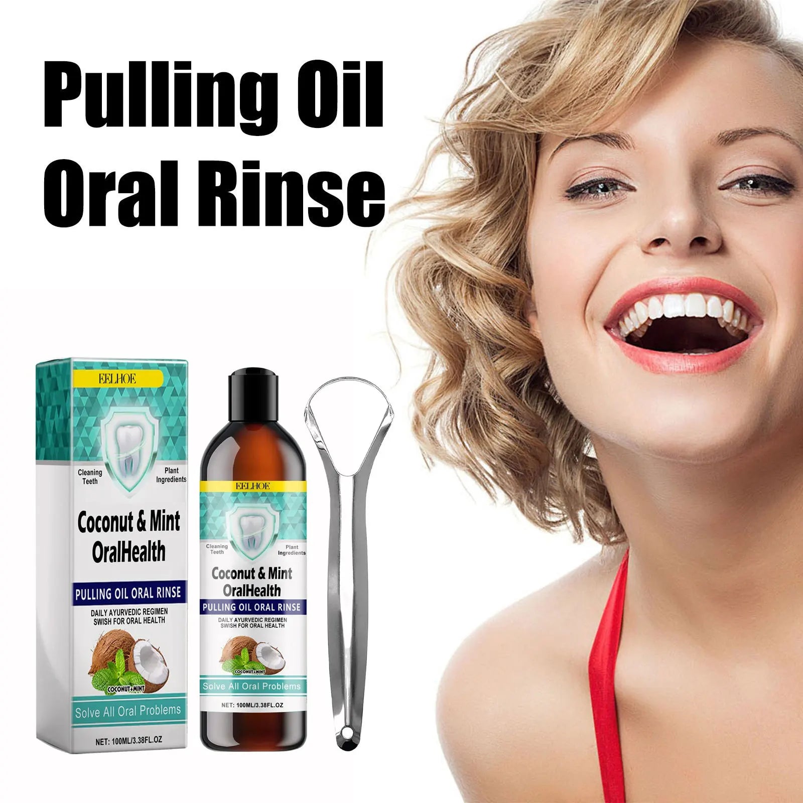 EELHOE Mint Coconut Oil Pulling Mouthwash Teeth & Tongue Scraper