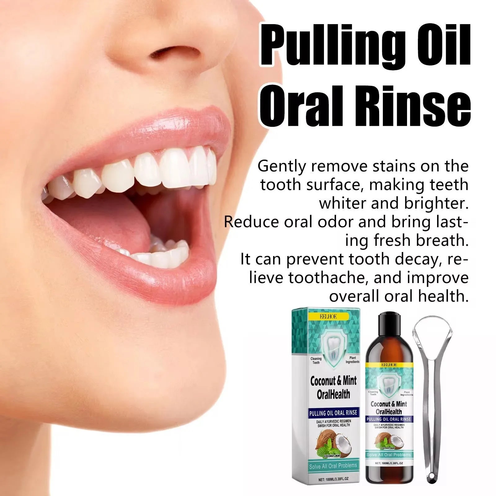 EELHOE Mint Coconut Oil Pulling Mouthwash Teeth & Tongue Scraper