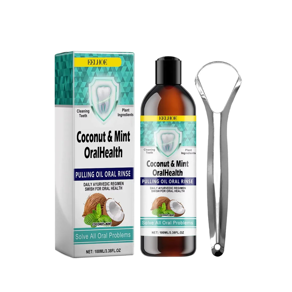 EELHOE Mint Coconut Oil Pulling Mouthwash Teeth & Tongue Scraper