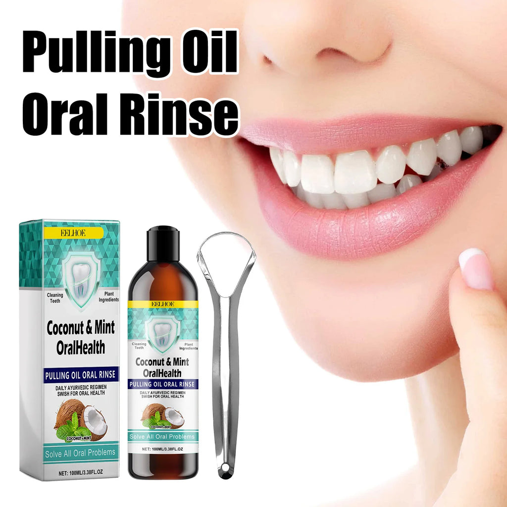 EELHOE Mint Coconut Oil Pulling Mouthwash Teeth & Tongue Scraper
