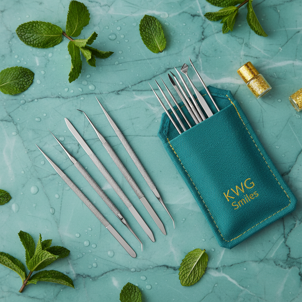 Stainless steel toothpick set flat lay with mint leaves on teal marble