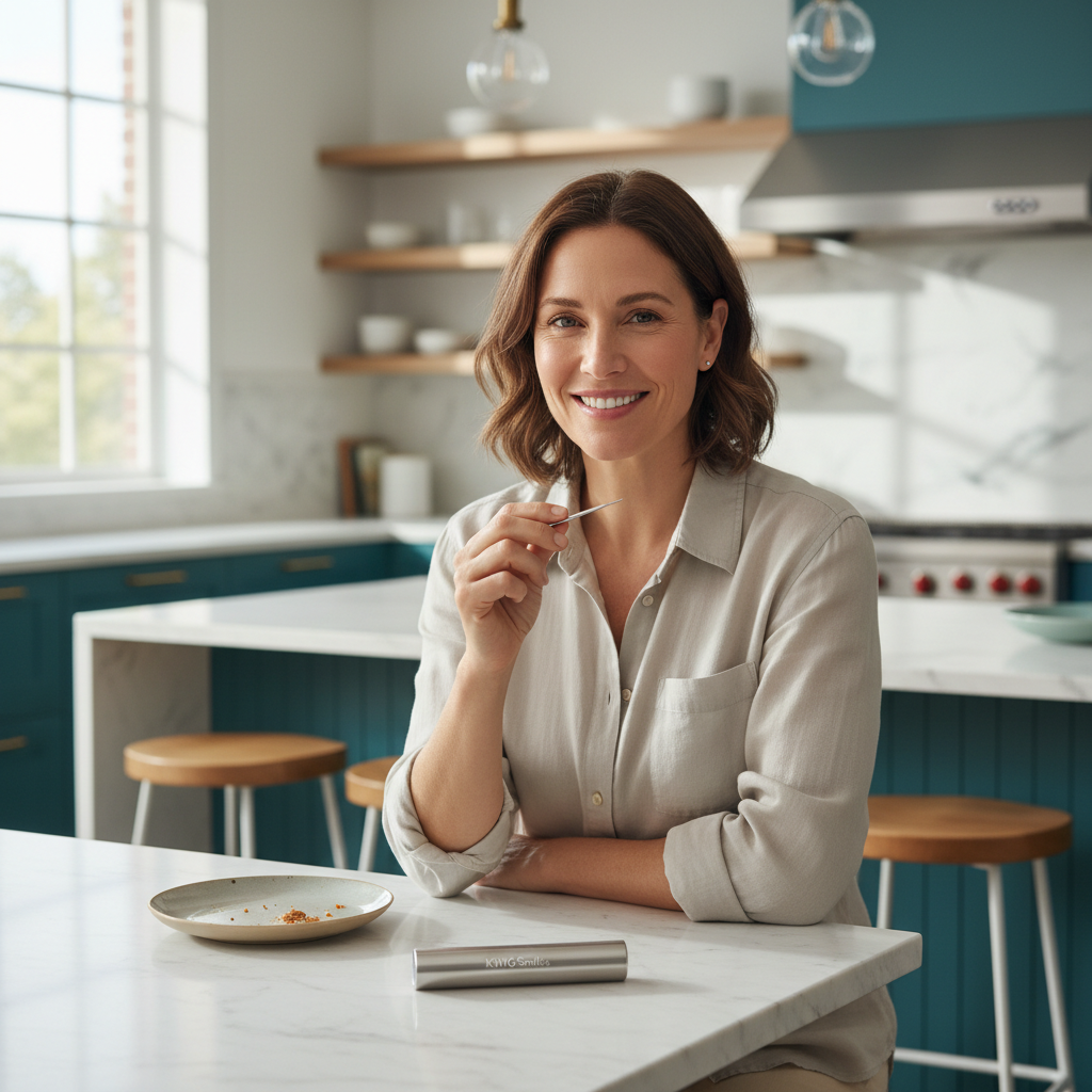 Lifestyle photo of person using stainless steel toothpick