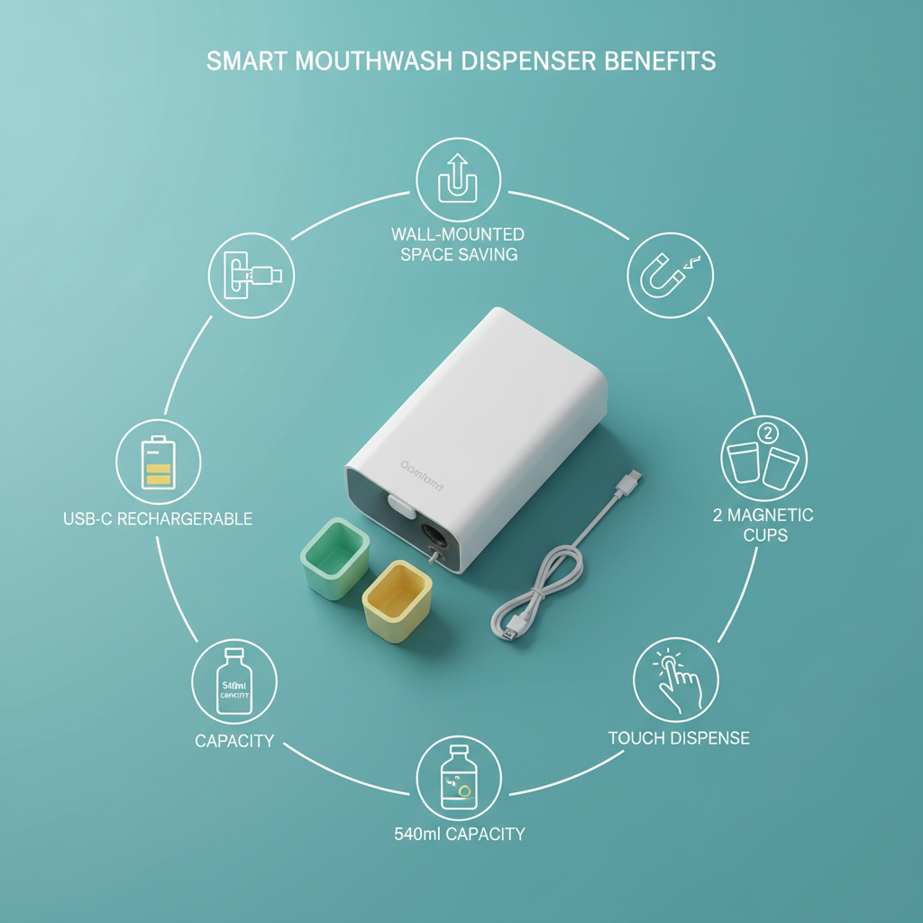 Smart mouthwash dispenser benefits on teal background