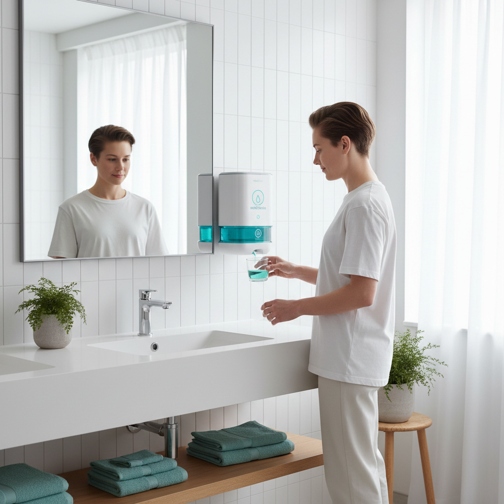 Lifestyle photo of person using smart mouthwash dispenser