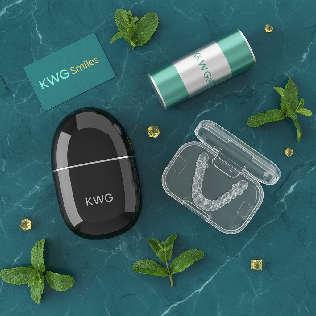 Portable retainer cleaner flat lay on teal marble