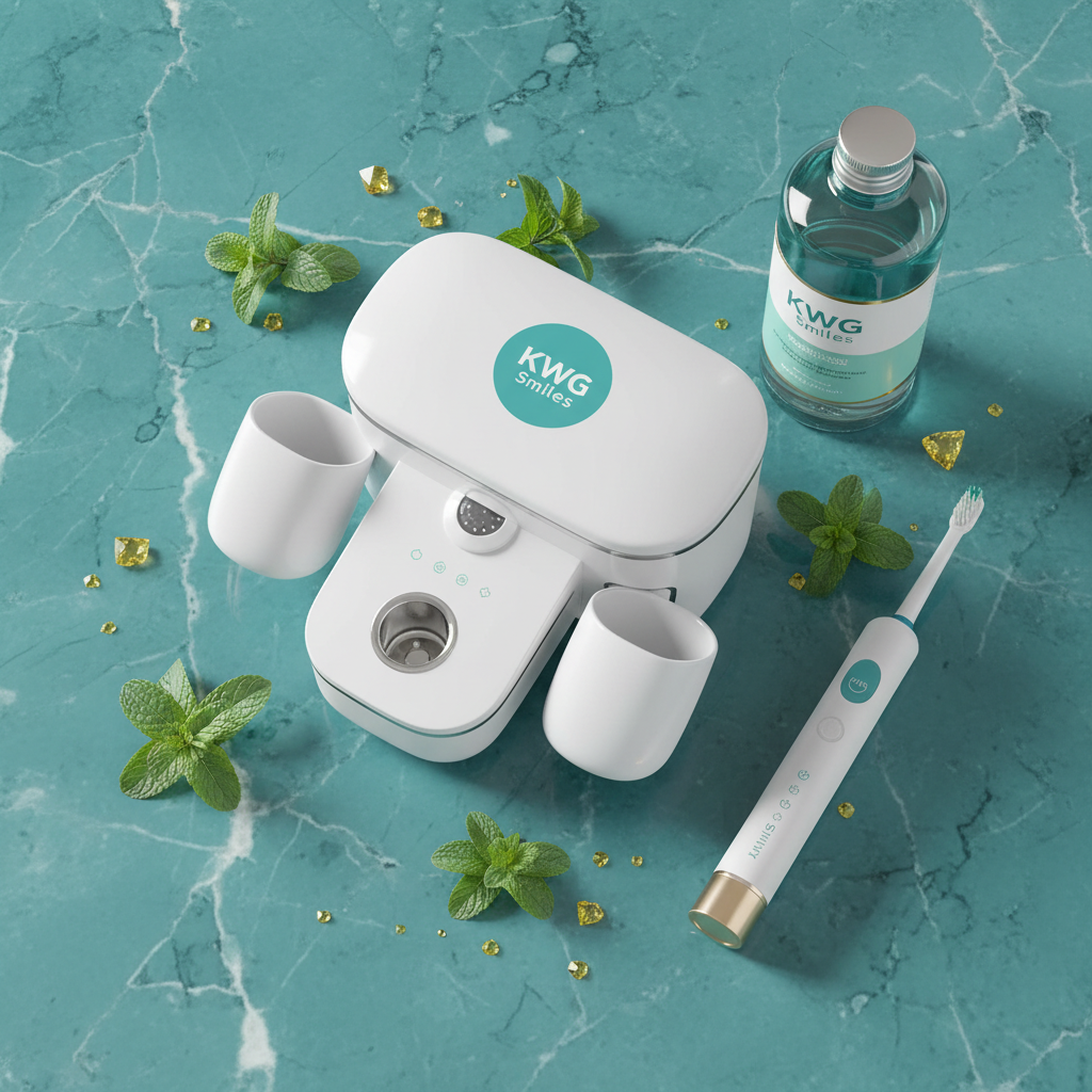 Smart mouthwash dispenser flat lay on teal marble
