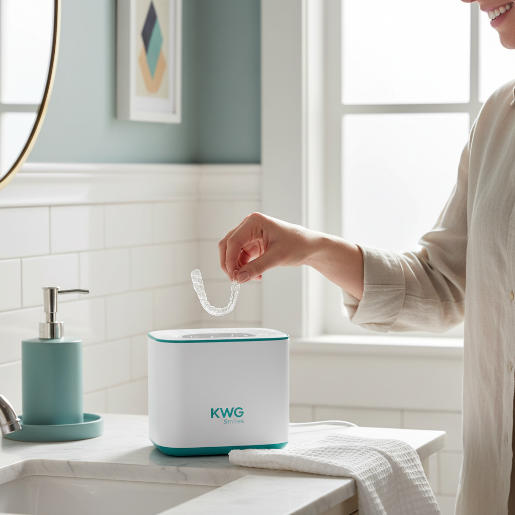 Lifestyle photo of person using portable retainer cleaner