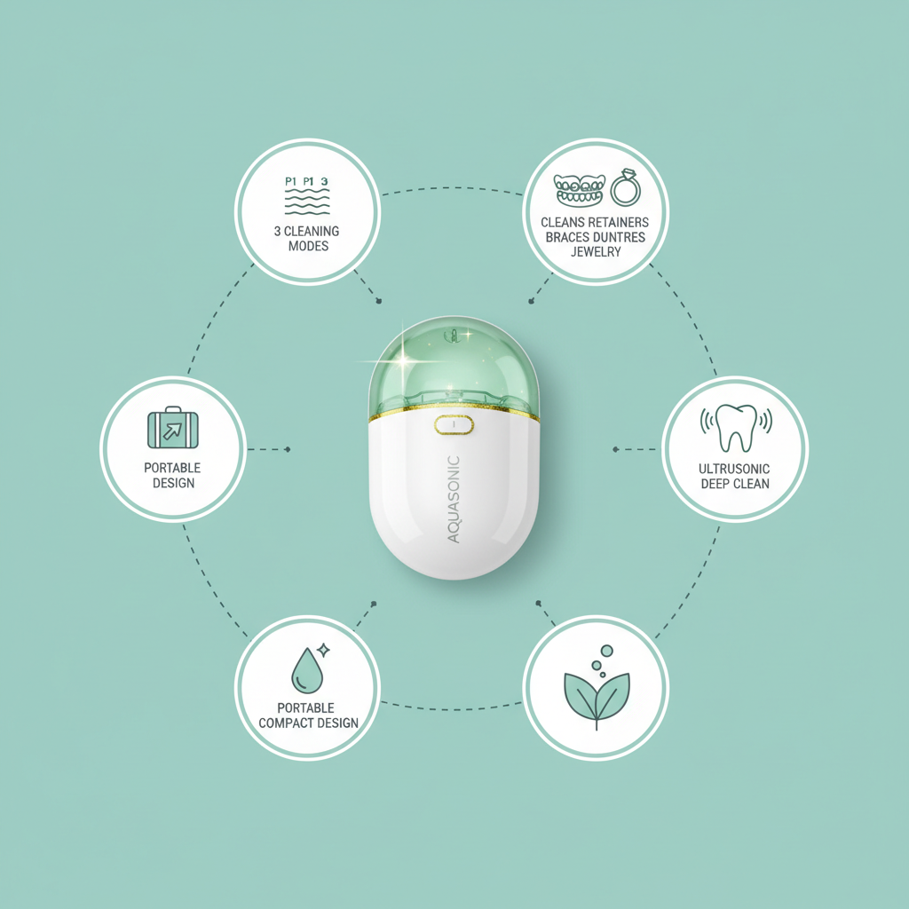 Portable retainer cleaner benefits on teal background